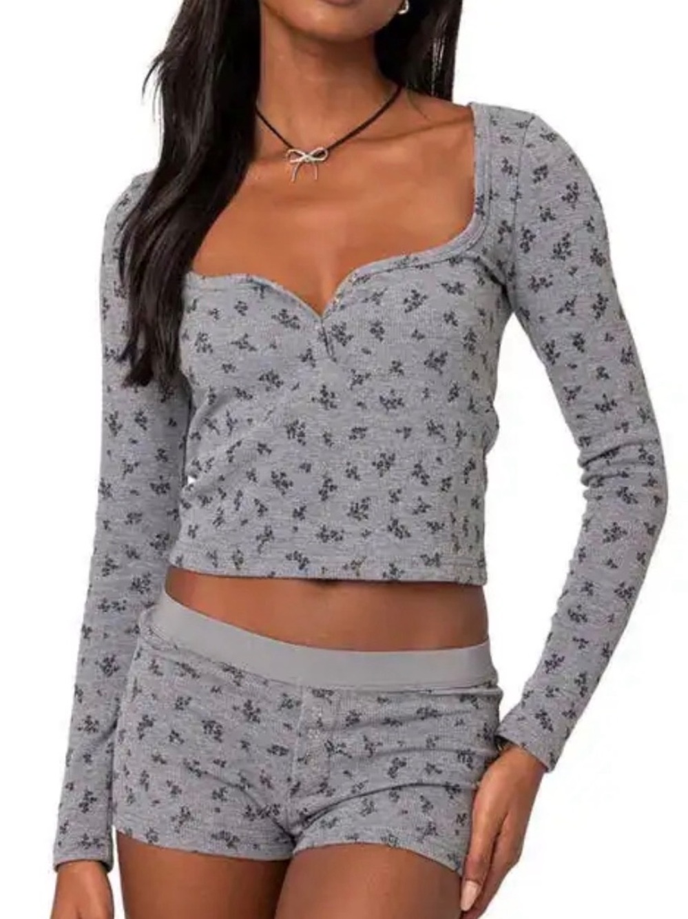 Edikted Floral Waffle Stitch Long Sleeve Top Size M